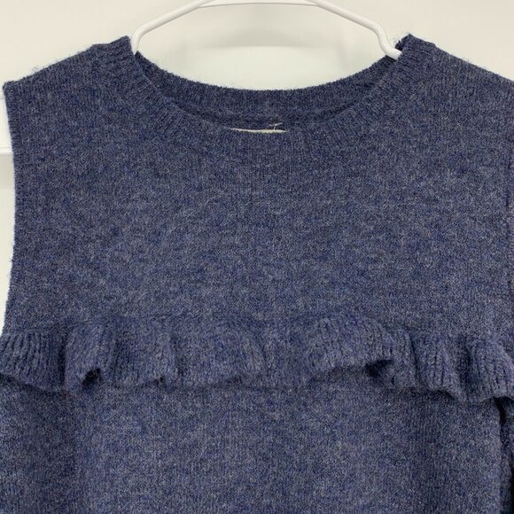 LOFT Sweater Blue Cold Shoulder Ruffle Fuzzy Stretch Long Sleeve - Picture 4 of 11